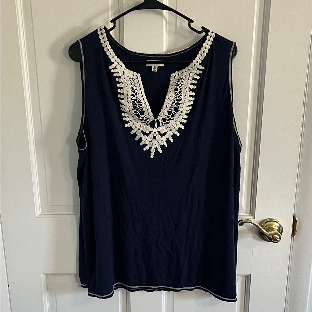 Max Studio Navy Blue Top with White Lace Accent